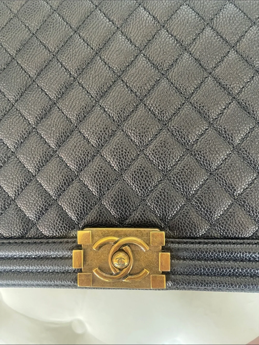 CHANEL Black Quilted Caviar Leather Boy Chanel Bag with Gold Hardware